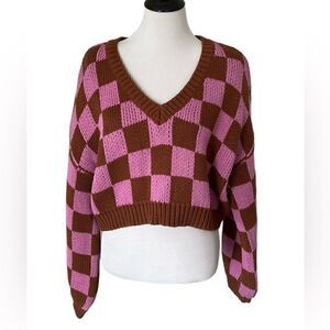 Hallelu Women’s Cropped Checkered Sweater size Large